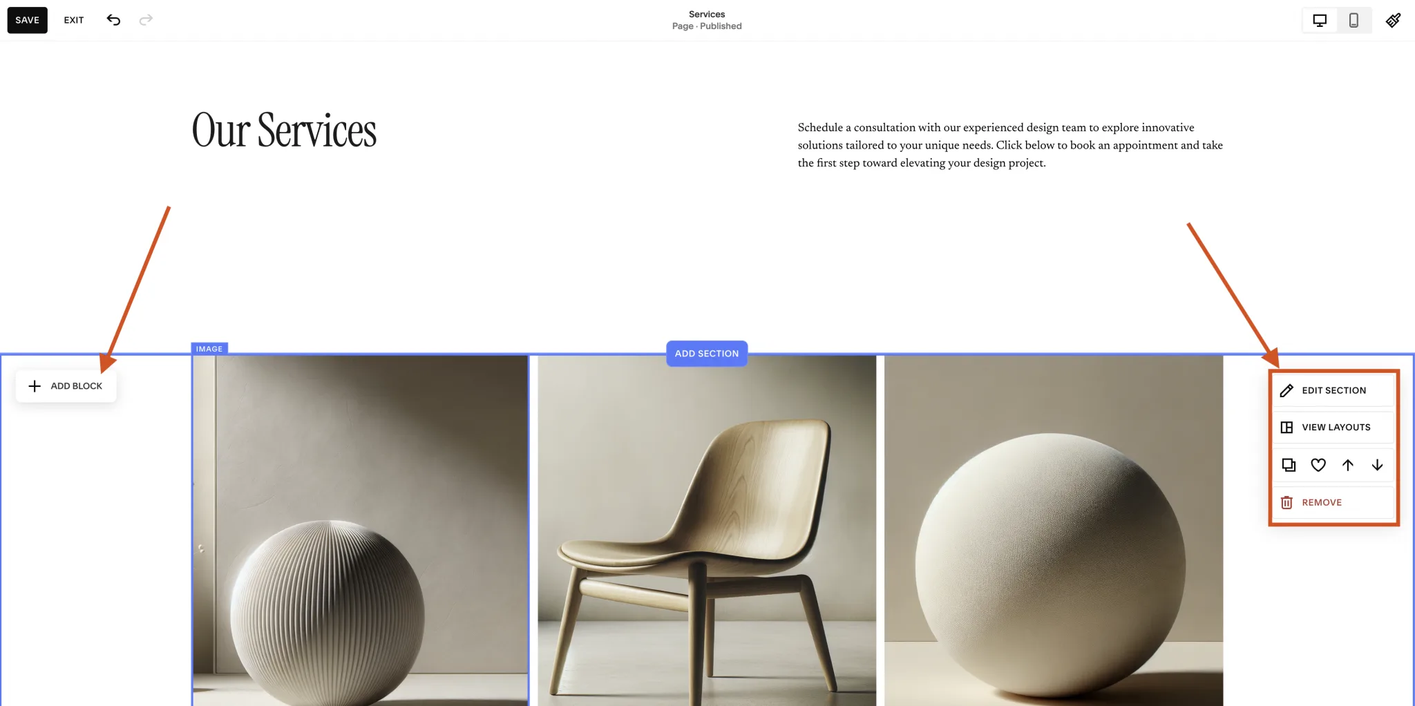 Squarespace page builder showing drag-and-drop section editor