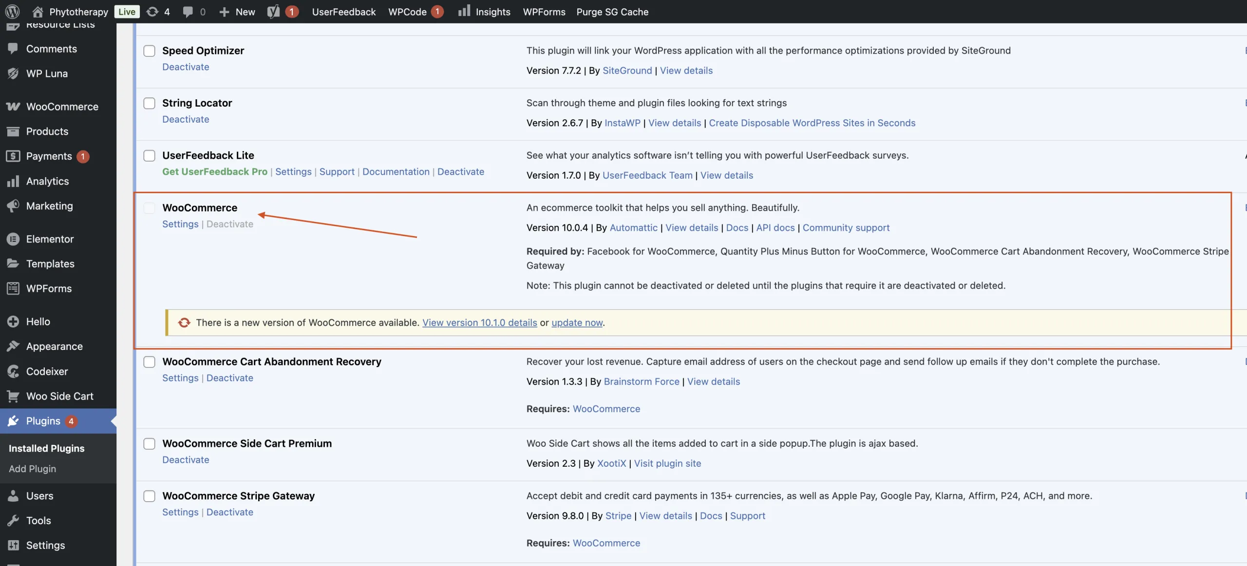 WooCommerce plugin installed in a WordPress dashboard