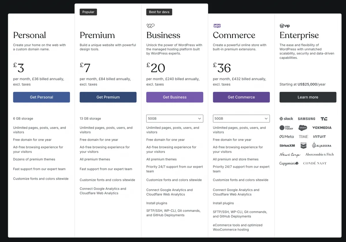WordPress.com pricing plans from Personal to Enterprise