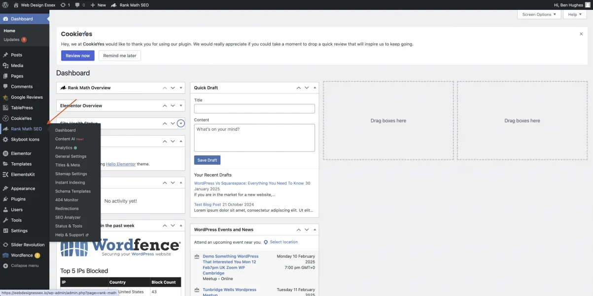 WordPress dashboard with Rank Math SEO plugin installed