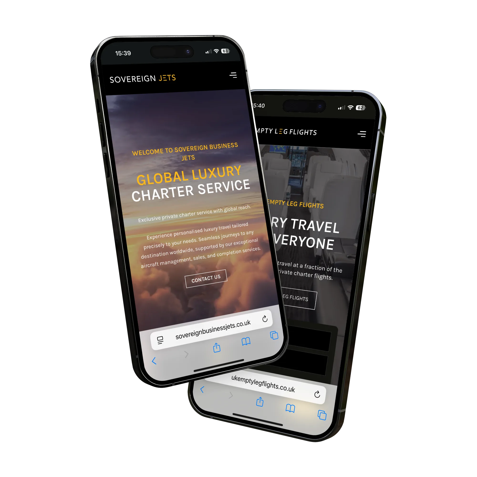 Sovereign Business Jets and UK Empty Leg Flights websites on mobile devices