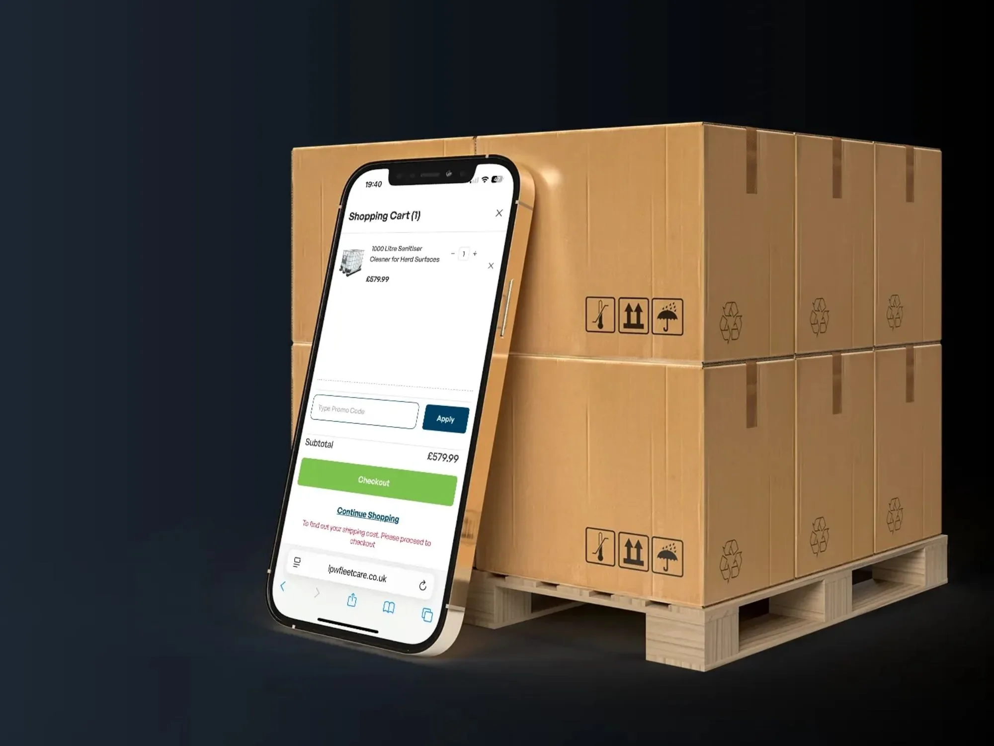 eCommerce shopping cart on mobile with shipping boxes