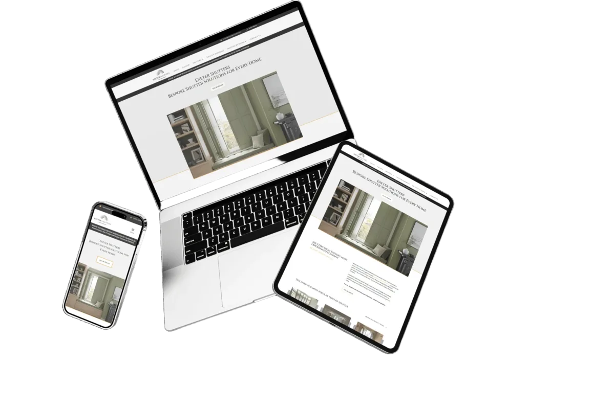 Responsive website designs displayed on laptop, tablet and phone