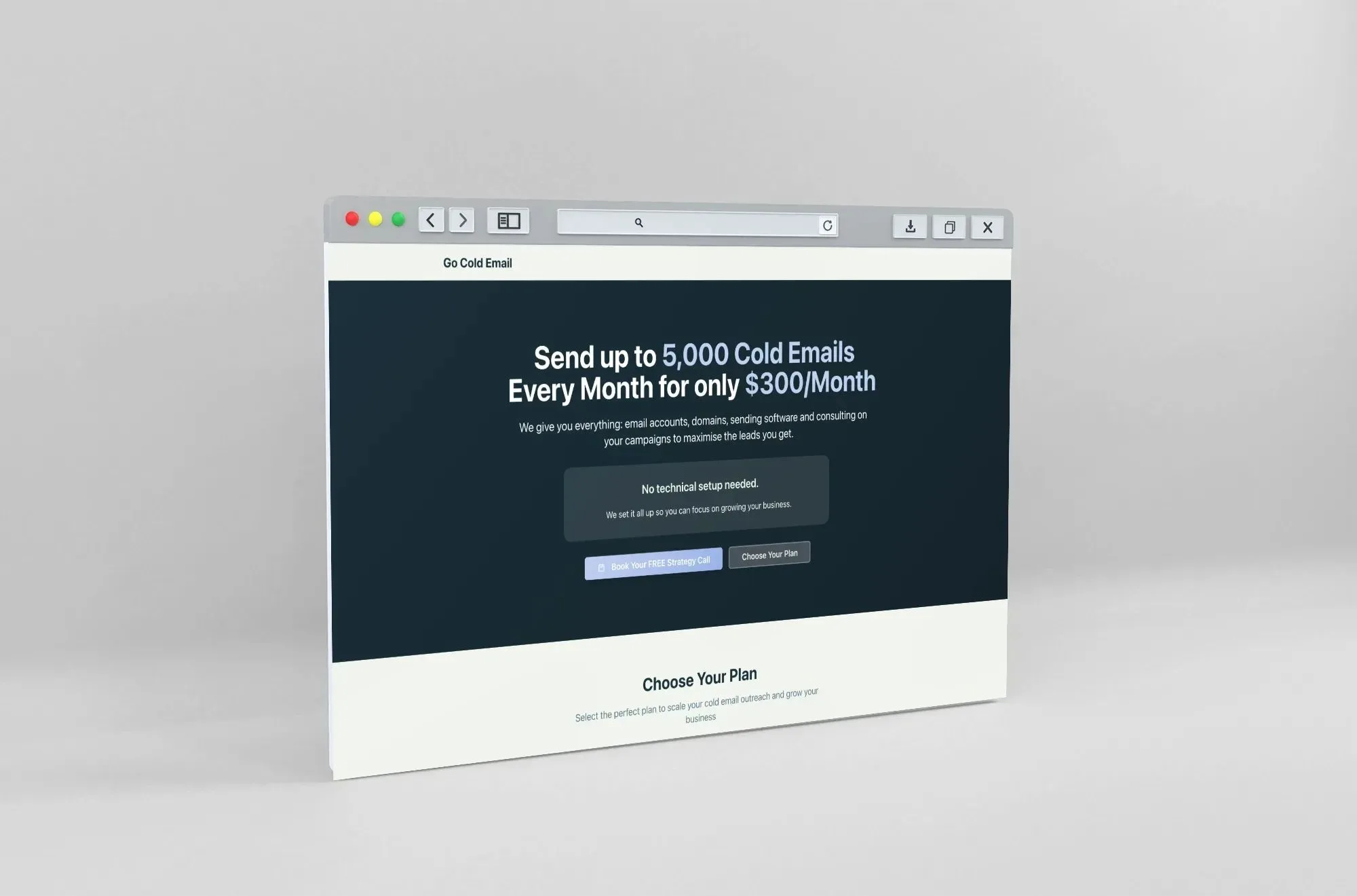 Landing page design example showing Go Cold Email